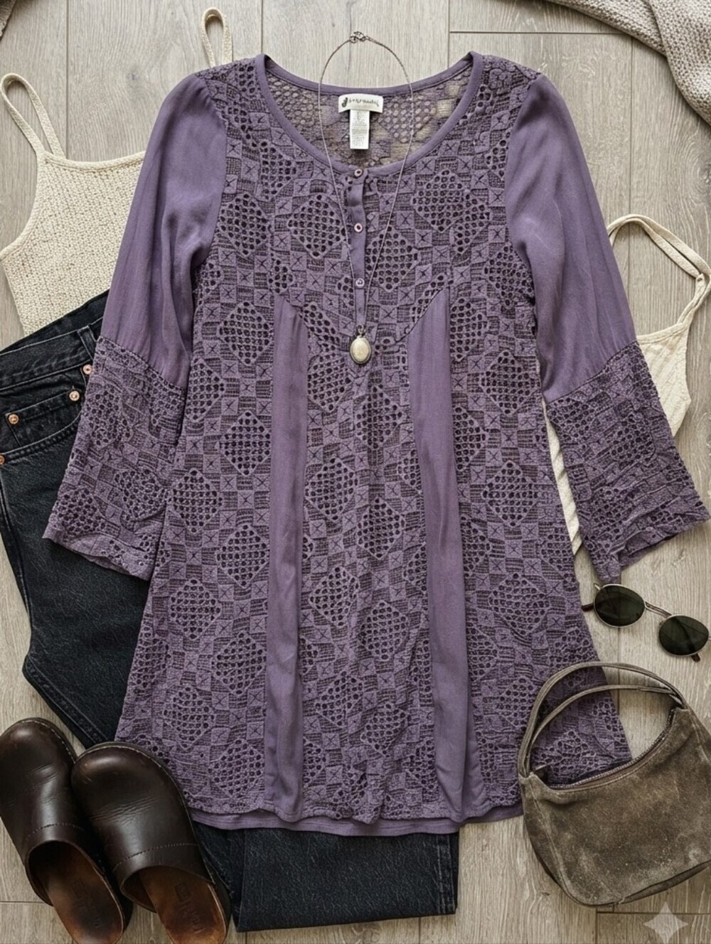 Monoreno Purple Sheer Crochet Long Sleeve Flowy Tunic Mini Dress